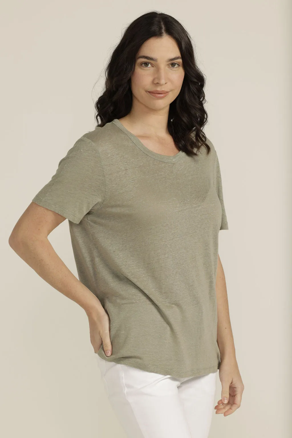 Linen Crew Neck Tee Khaki Light