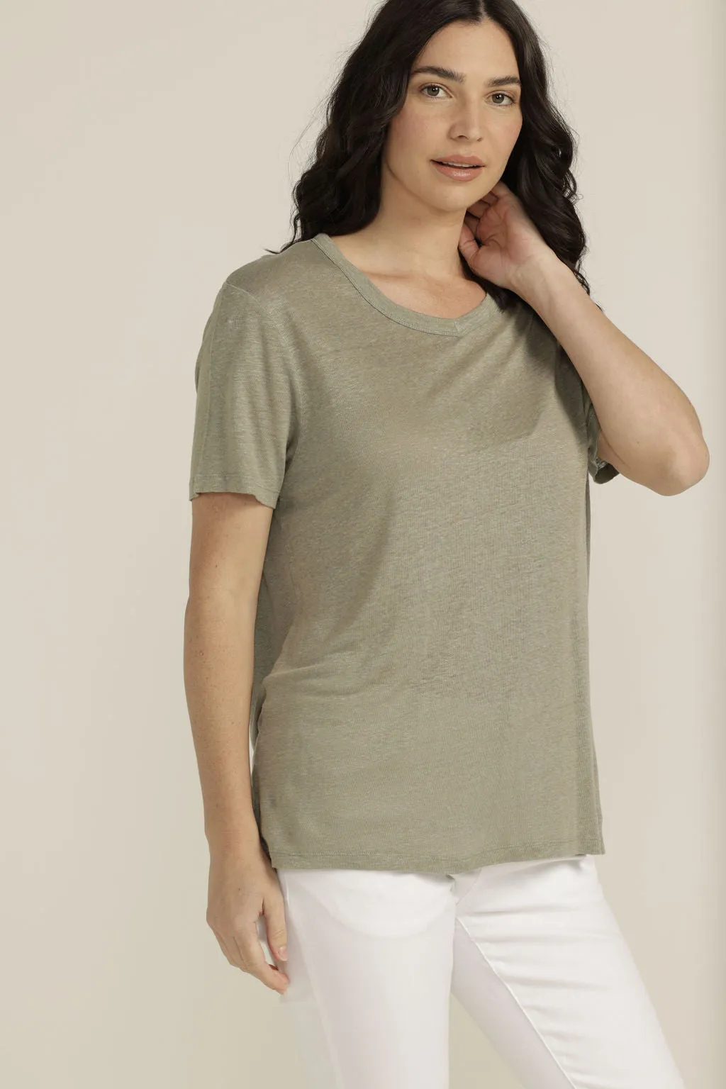 Linen Crew Neck Tee Khaki Light