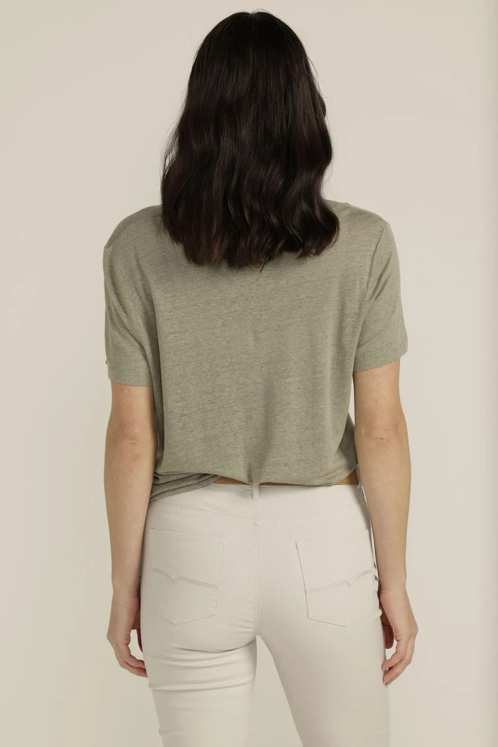 Linen V Neck Tee Khaki Light