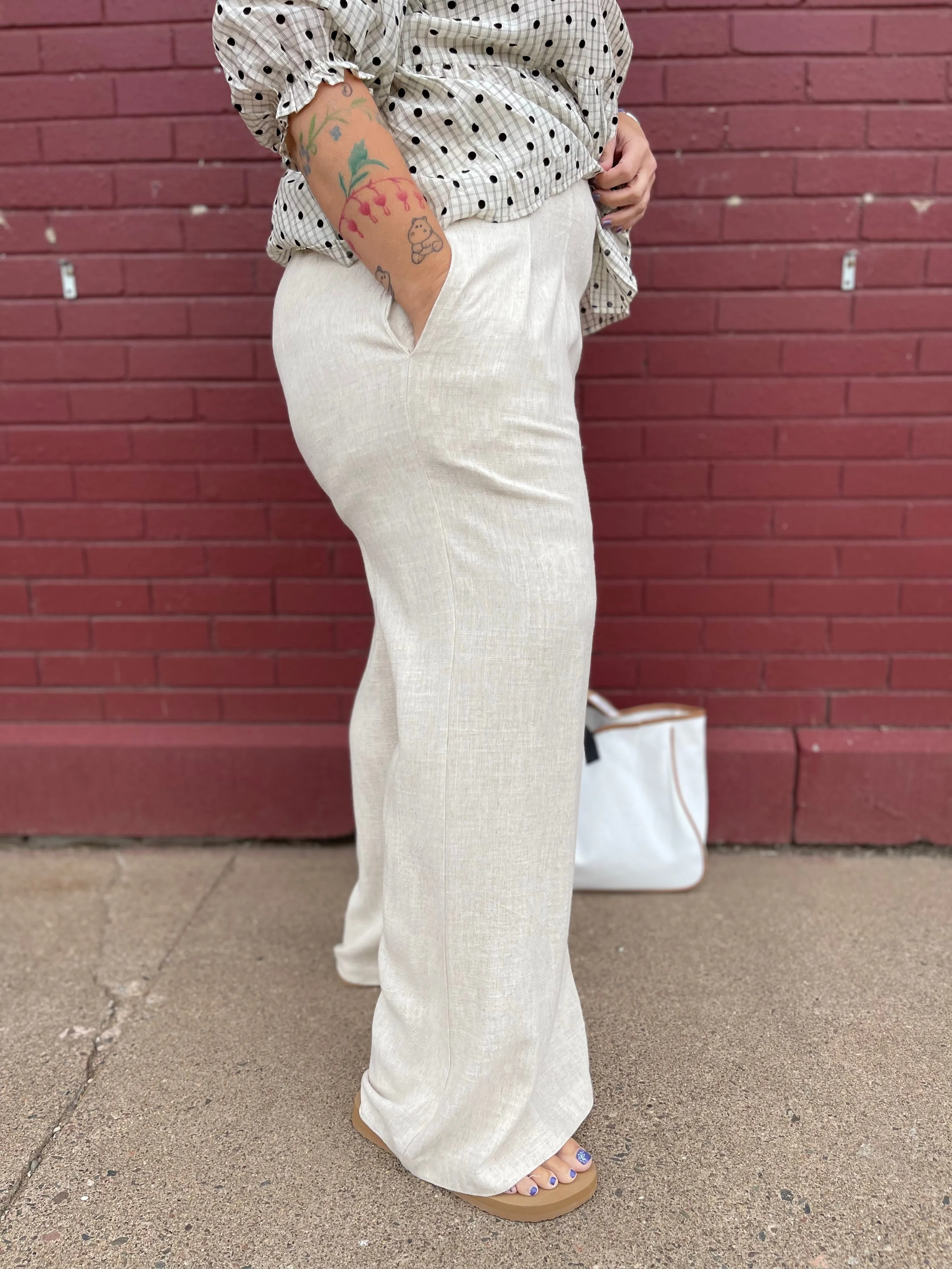 Linen Wide Leg Pants With Elastic Waistband