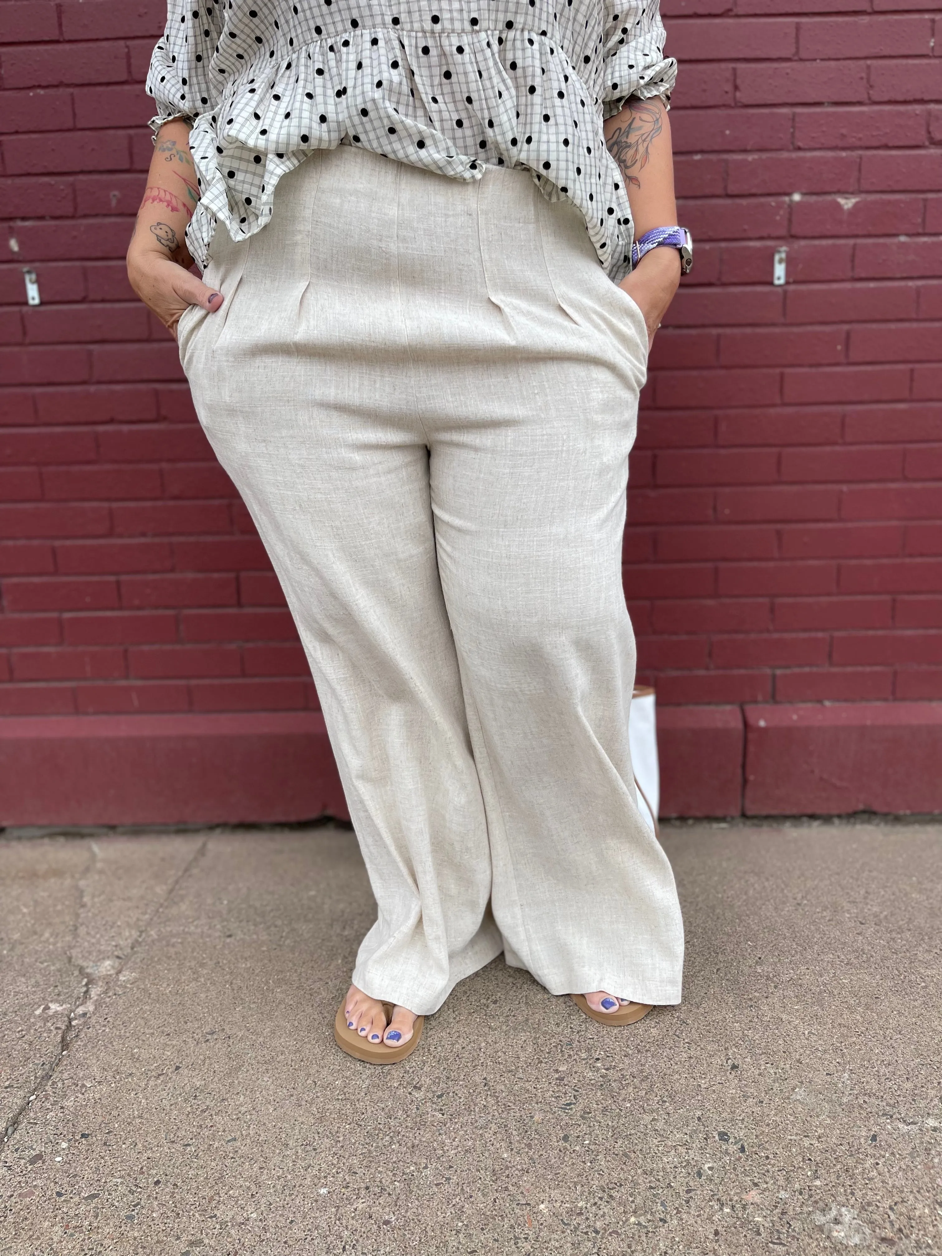 Linen Wide Leg Pants With Elastic Waistband