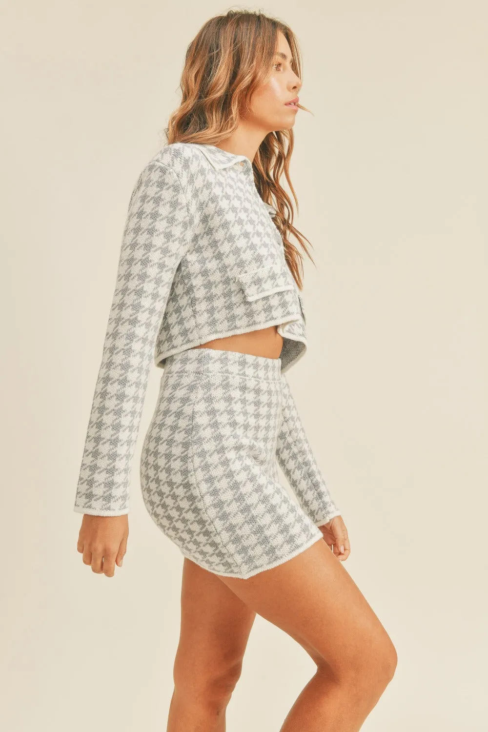 Mabel Houndstooth Cropped Knit Cardigan and Mini Skirt Set