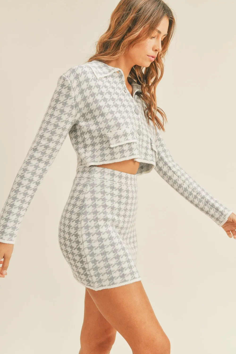 Mabel Houndstooth Cropped Knit Cardigan and Mini Skirt Set