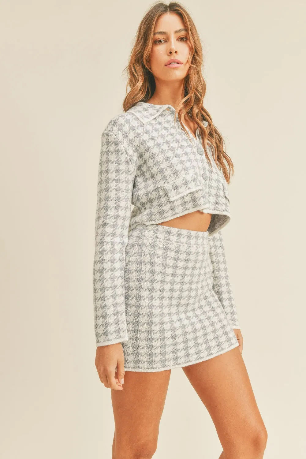 Mabel Houndstooth Cropped Knit Cardigan and Mini Skirt Set