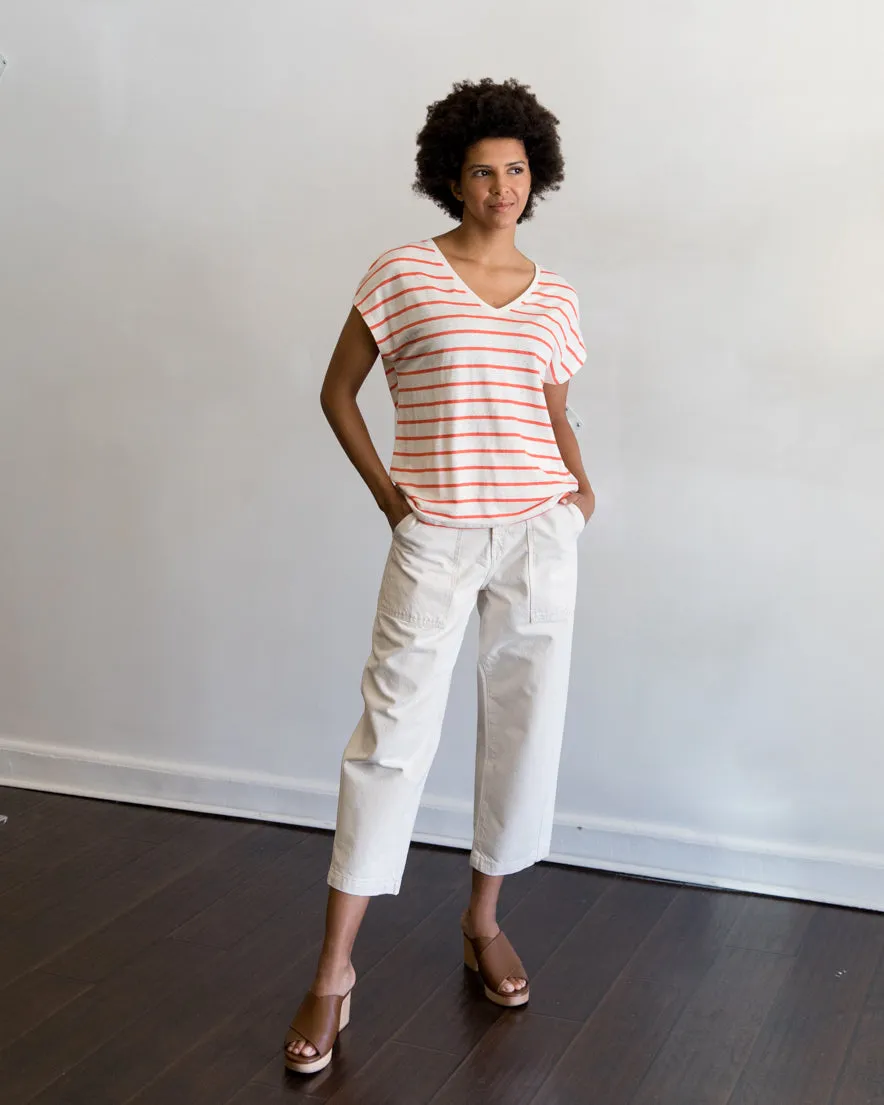 Majestic Filatures Stretch Linen V-Neck in Coral Stripe