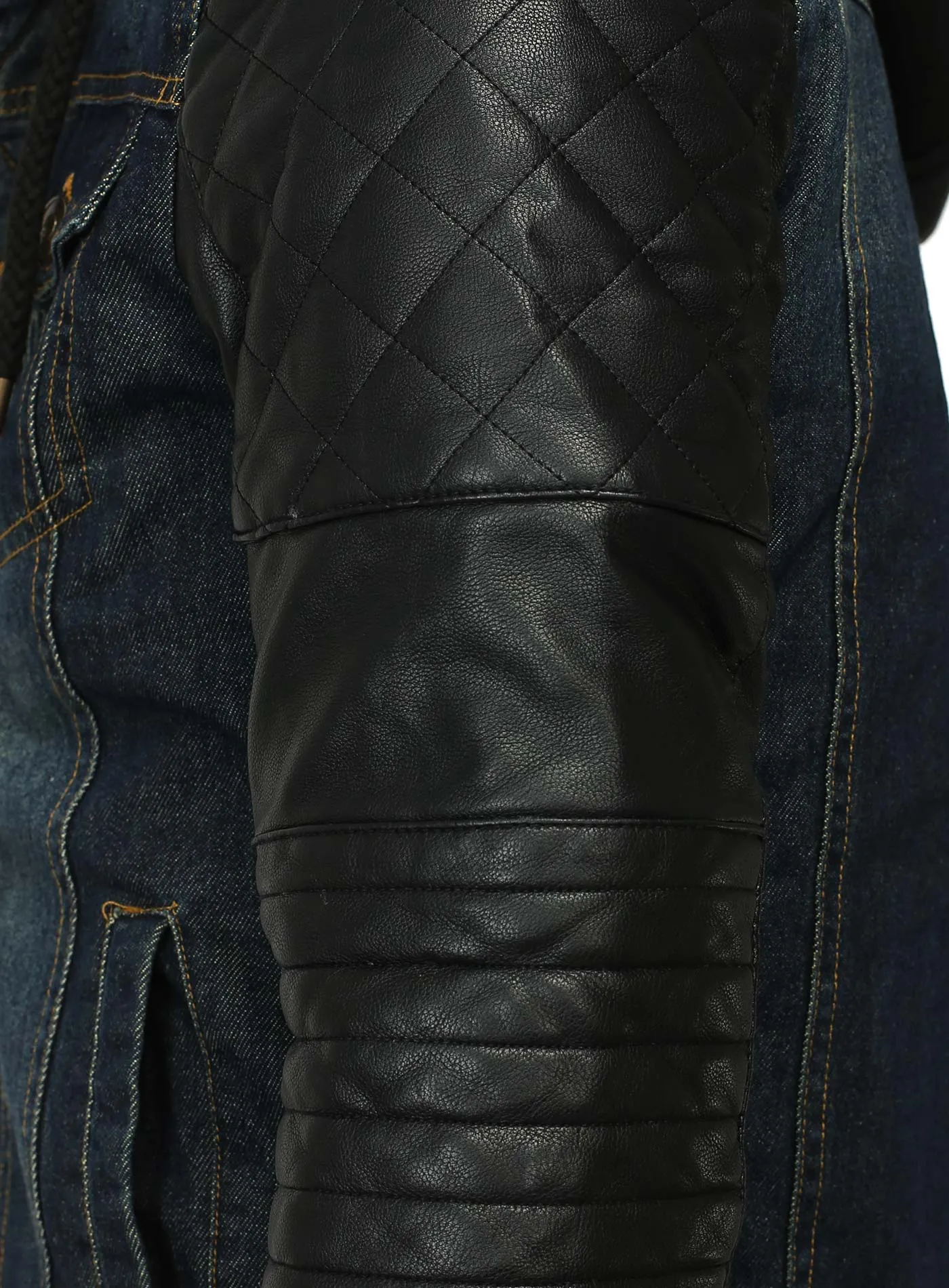 Men Stylish Denim Collar Hoodie Jacket Faux Leather Sleeves - Blue