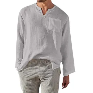 Men's Classic Casual V-Neck Cotton and Linen Long Sleeve Shirt 89901691K