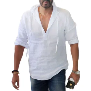 Men's Classic Casual V-Neck Hooded Cotton and Linen Long Sleeve Shirt 83087161K