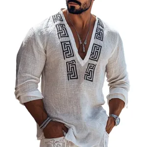 Men's Fashion Embroidery V Neck Long Sleeve Cotton And Linen Shirt 46979618Z