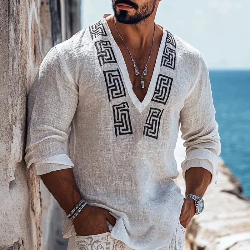 Men's Fashion Embroidery V Neck Long Sleeve Cotton And Linen Shirt 46979618Z