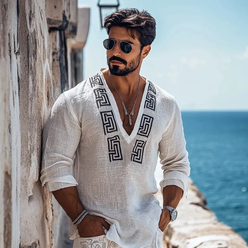 Men's Fashion Embroidery V Neck Long Sleeve Cotton And Linen Shirt 46979618Z