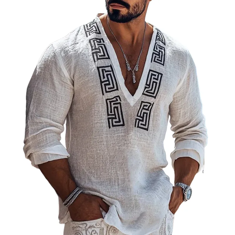 Men's Fashion Embroidery V Neck Long Sleeve Cotton And Linen Shirt 46979618Z