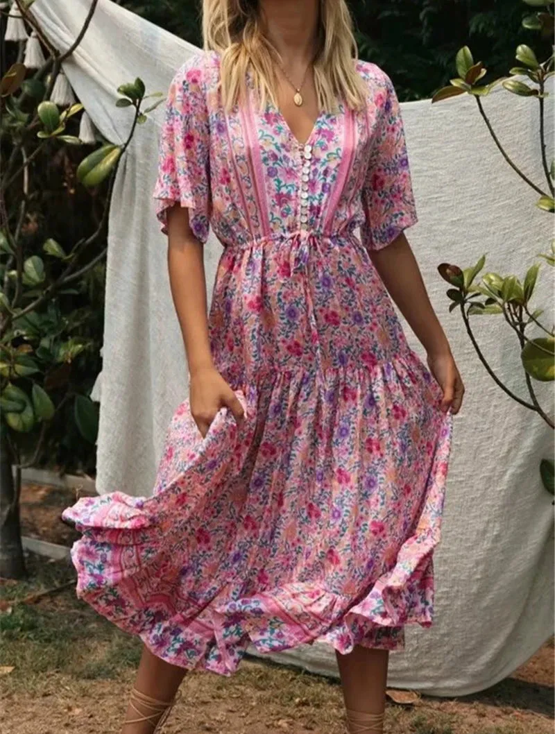 Pink Floral V-Neck Beach Bohemian Maxi Dresses w/ Sleeves
