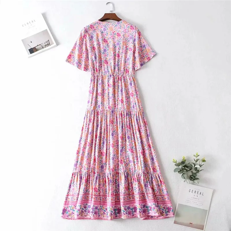 Pink Floral V-Neck Beach Bohemian Maxi Dresses w/ Sleeves