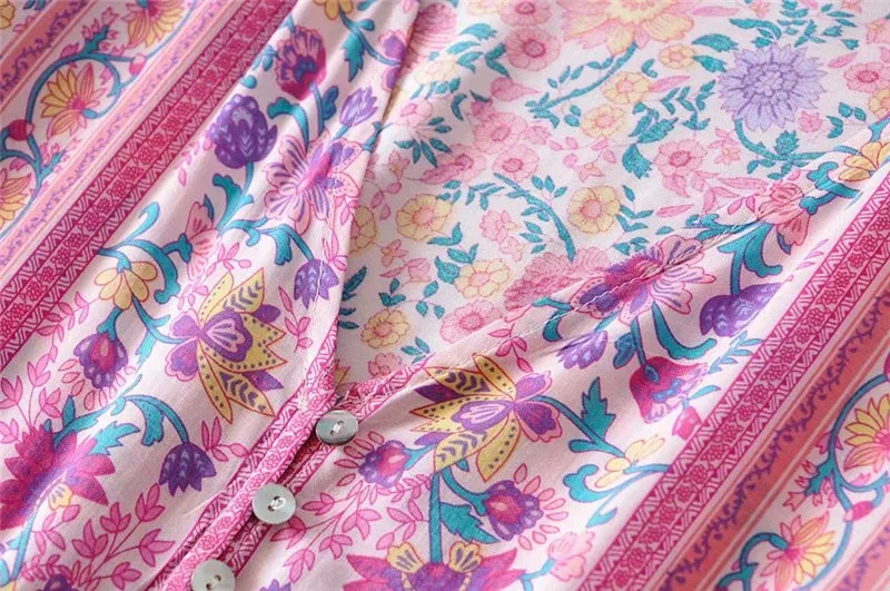 Pink Floral V-Neck Beach Bohemian Maxi Dresses w/ Sleeves