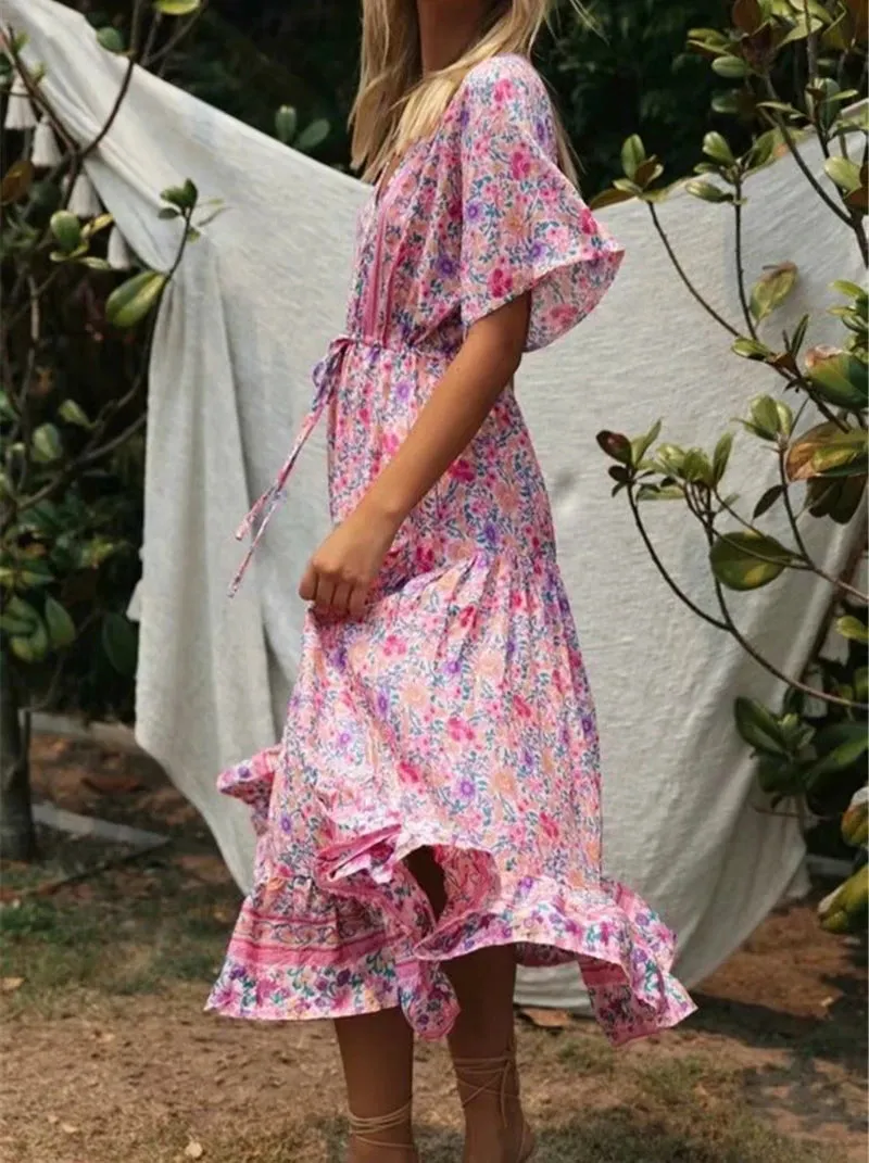 Pink Floral V-Neck Beach Bohemian Maxi Dresses w/ Sleeves