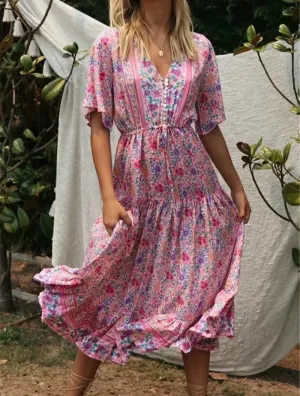 Pink Floral V-Neck Beach Bohemian Maxi Dresses w/ Sleeves