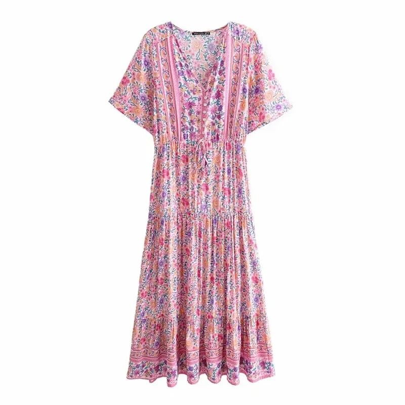 Pink Floral V-Neck Beach Bohemian Maxi Dresses w/ Sleeves