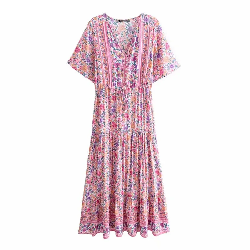 Pink Floral V-Neck Beach Bohemian Maxi Dresses w/ Sleeves