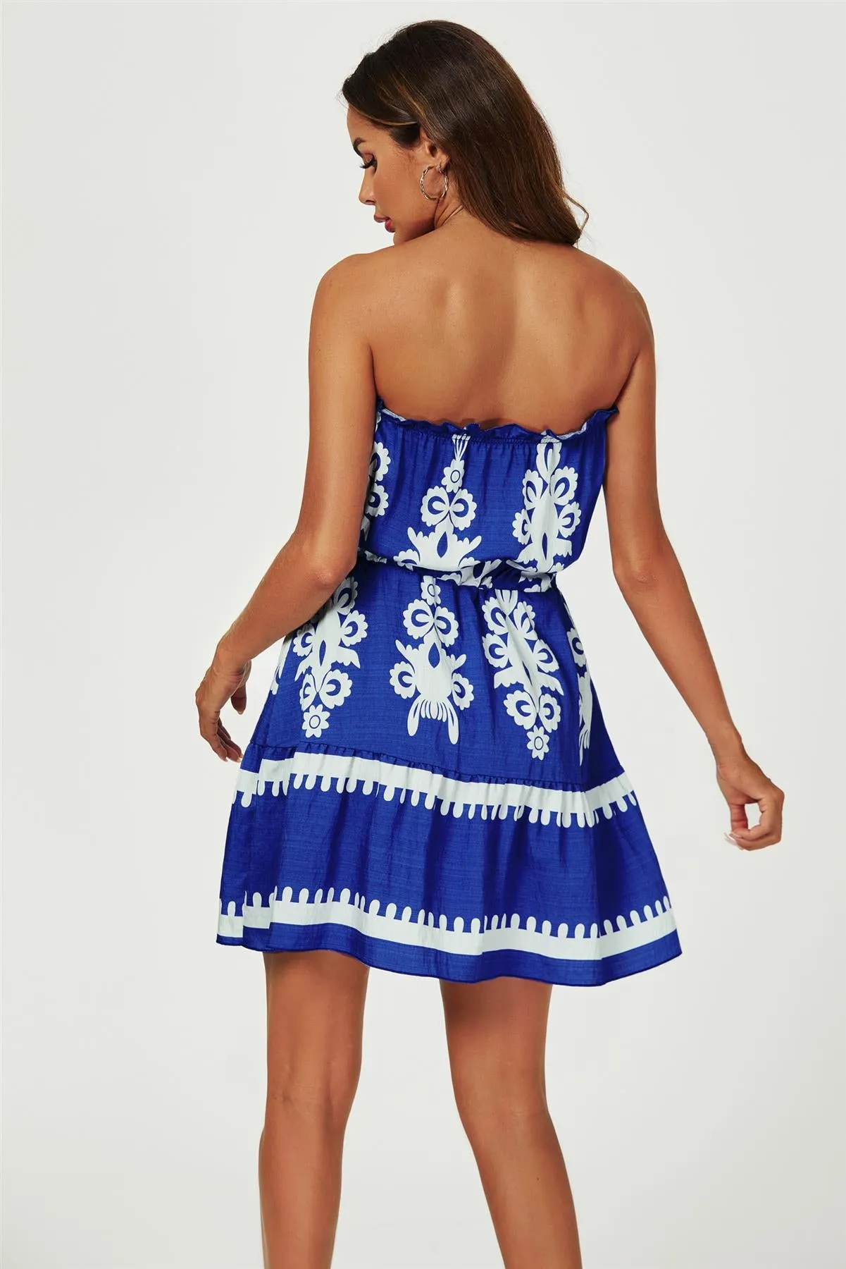 Printed Broderie Strapless Mini Dress In Blue