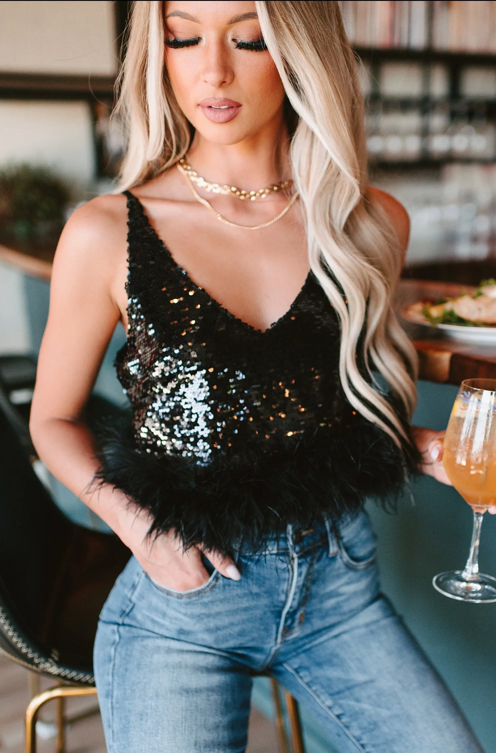 Ruffle Some Feathers Sequin Feather Trimmed Top (Black)