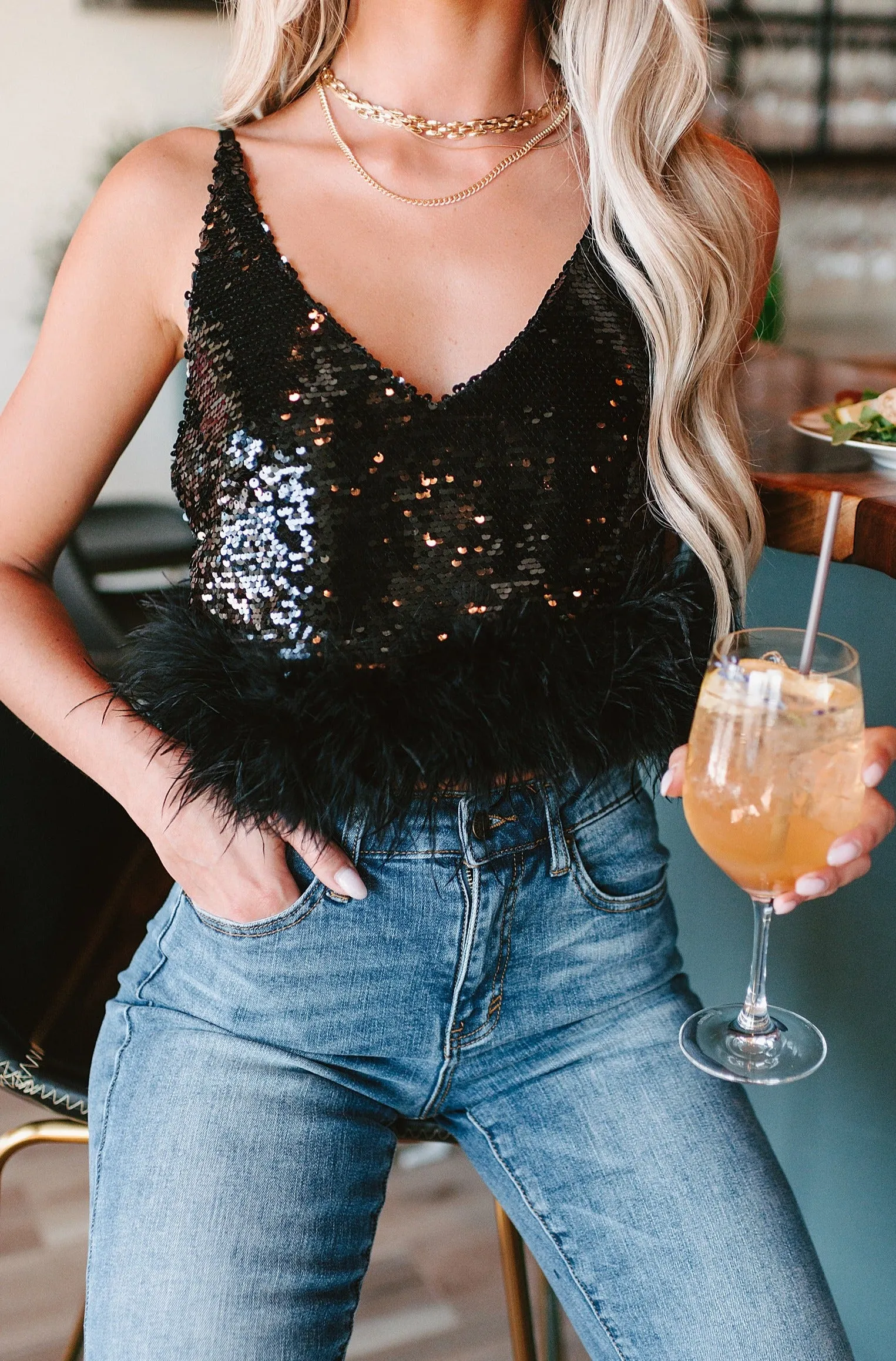 Ruffle Some Feathers Sequin Feather Trimmed Top (Black)