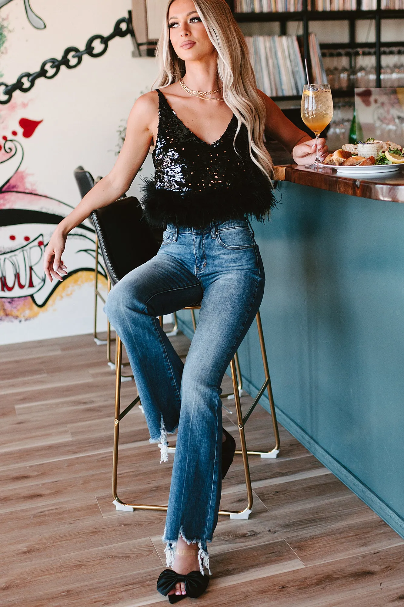 Ruffle Some Feathers Sequin Feather Trimmed Top (Black)