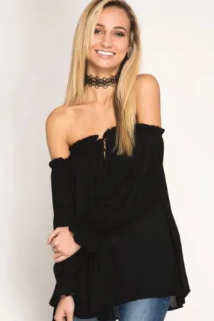 She   Sky Soft Off Shoulder Shirring Blouse - Black