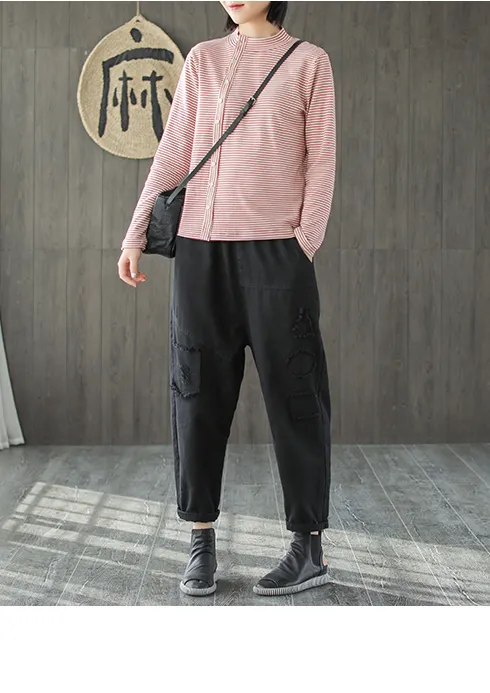 Striped Cotton Long Sleeves Knit T-Shirts Spring Tops H9508