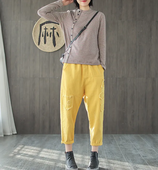 Striped Cotton Long Sleeves Knit T-Shirts Spring Tops H9508