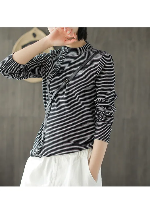 Striped Cotton Long Sleeves Knit T-Shirts Spring Tops H9508