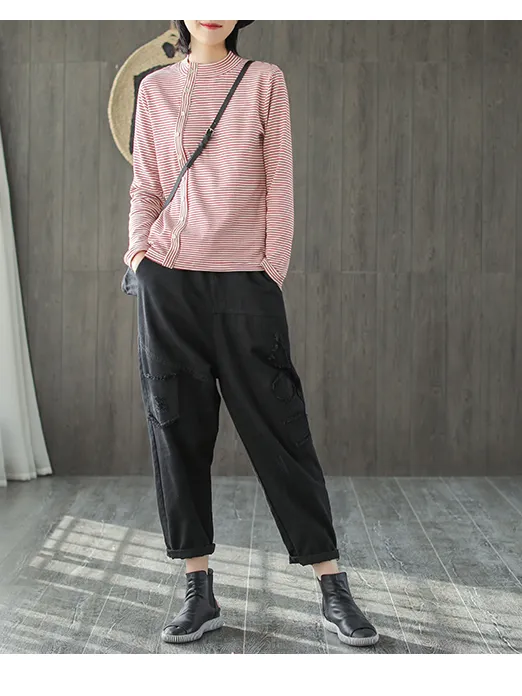Striped Cotton Long Sleeves Knit T-Shirts Spring Tops H9508