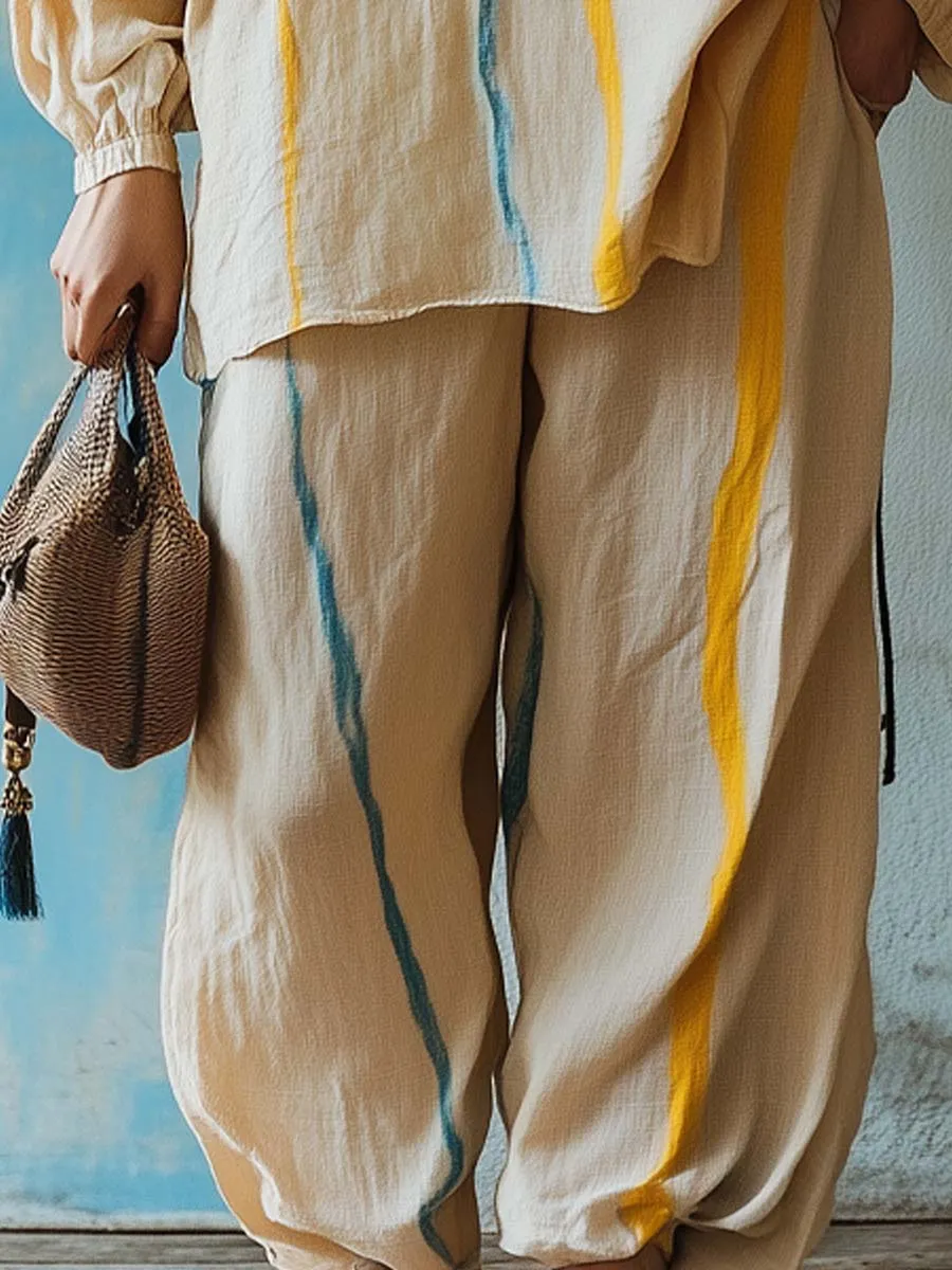 Striped Oversize V-Neck Linen Set