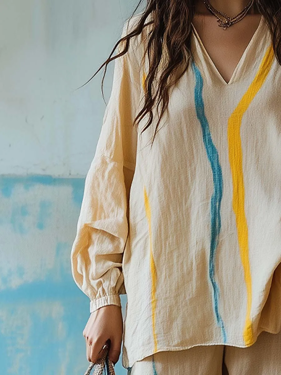 Striped Oversize V-Neck Linen Set