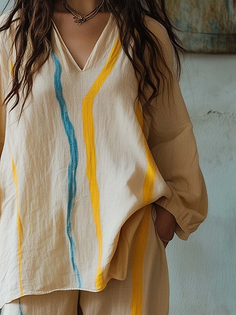 Striped Oversize V-Neck Linen Set