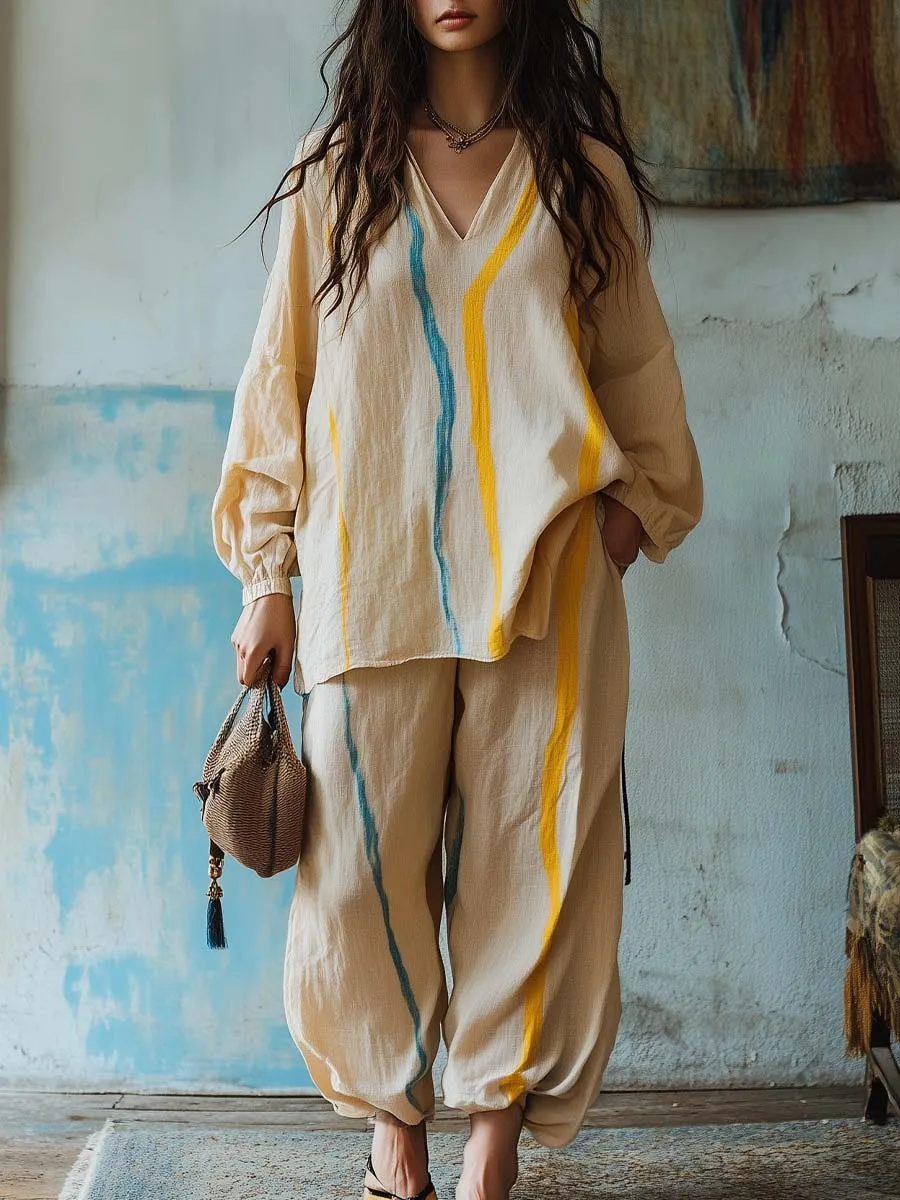 Striped Oversize V-Neck Linen Set