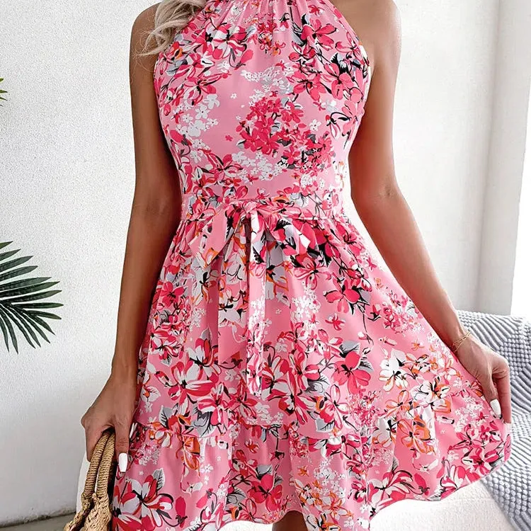 Summer Women Sexy Floral Print Short Dress Casual Halter
