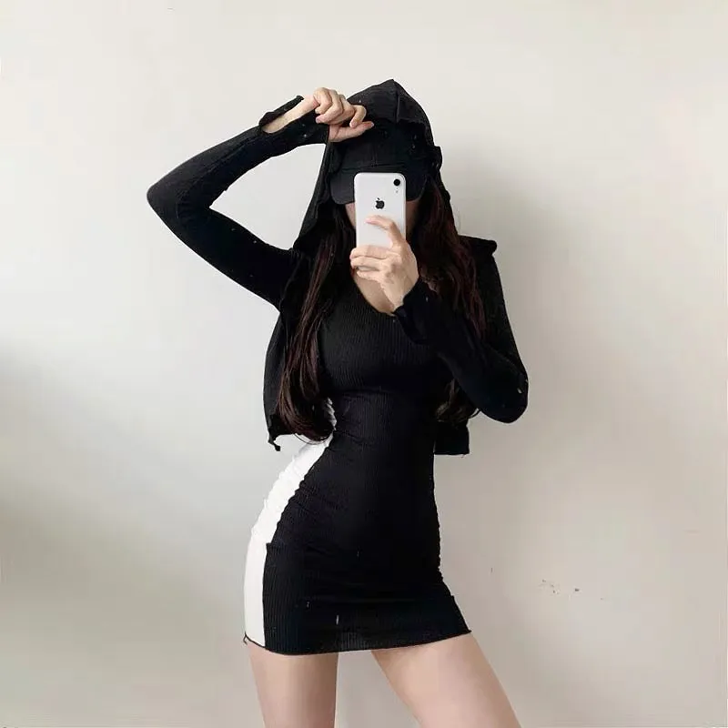Two Piece Cardigan Slim Skirt With Hooded