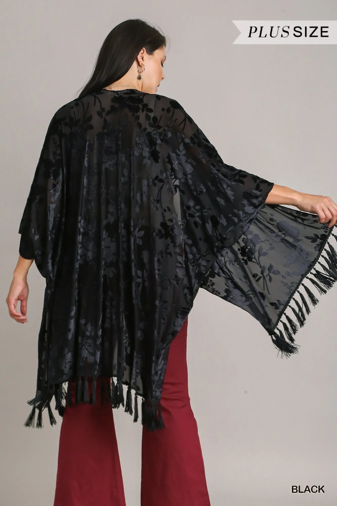 Umgee Two-Tone Floral Burnout Velvet Tassel Fringe Kimono Plus