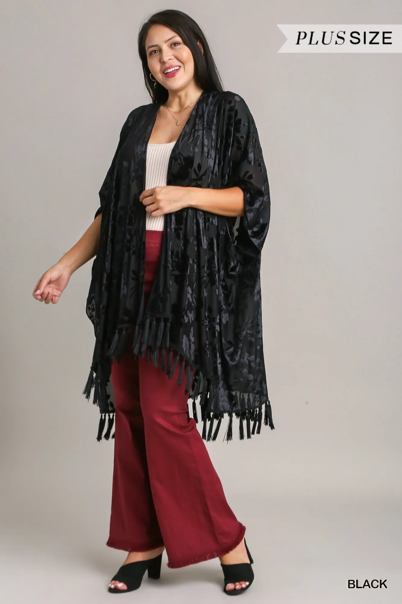 Umgee Two-Tone Floral Burnout Velvet Tassel Fringe Kimono Plus