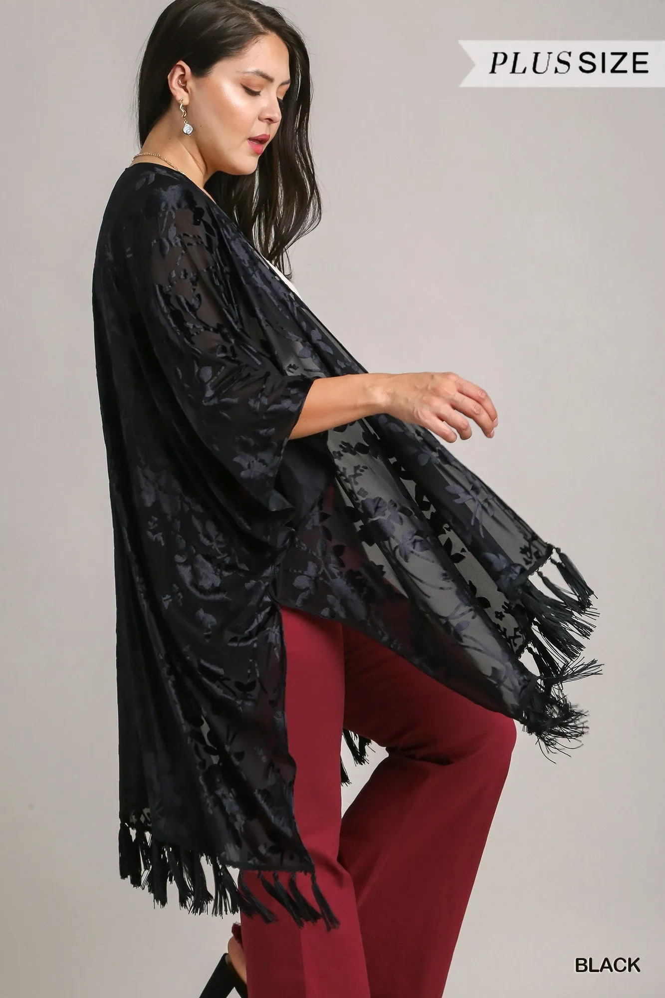 Umgee Two-Tone Floral Burnout Velvet Tassel Fringe Kimono Plus
