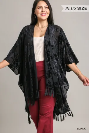 Umgee Two-Tone Floral Burnout Velvet Tassel Fringe Kimono Plus