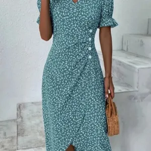 V Neck Floral Dresses Summer Fashion Short Sleeve Casual Skirt