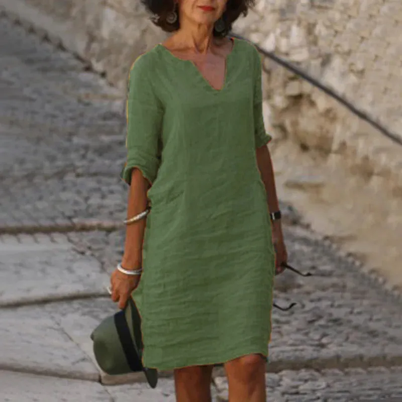 V-Neck Linen & Cotton Dress