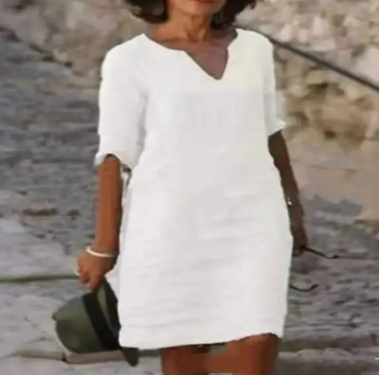 V-Neck Linen & Cotton Dress