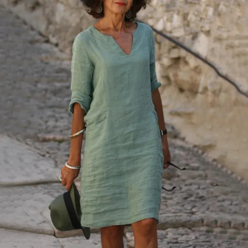 V-Neck Linen & Cotton Dress