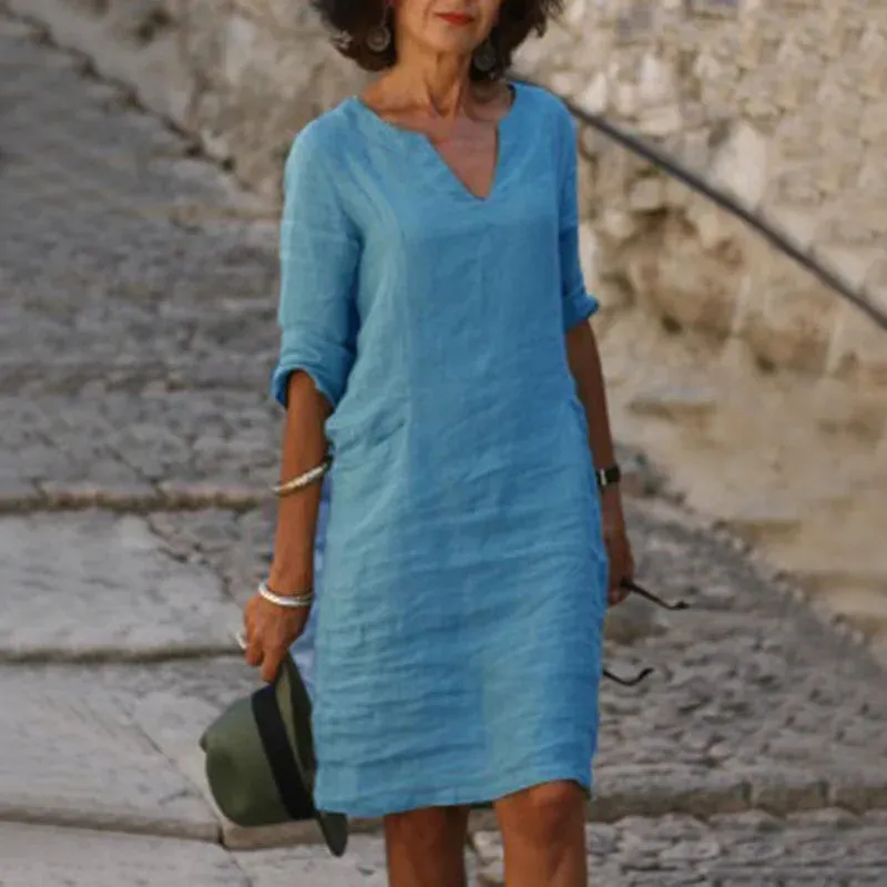 V-Neck Linen & Cotton Dress