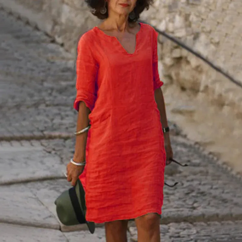 V-Neck Linen & Cotton Dress