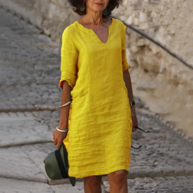 V-Neck Linen & Cotton Dress