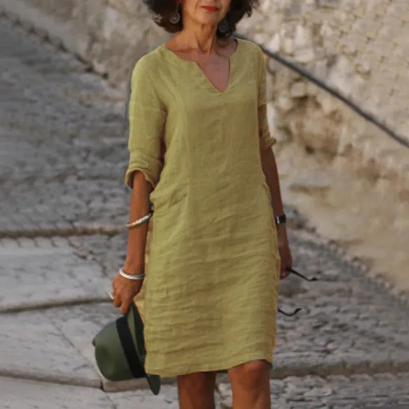 V-Neck Linen & Cotton Dress